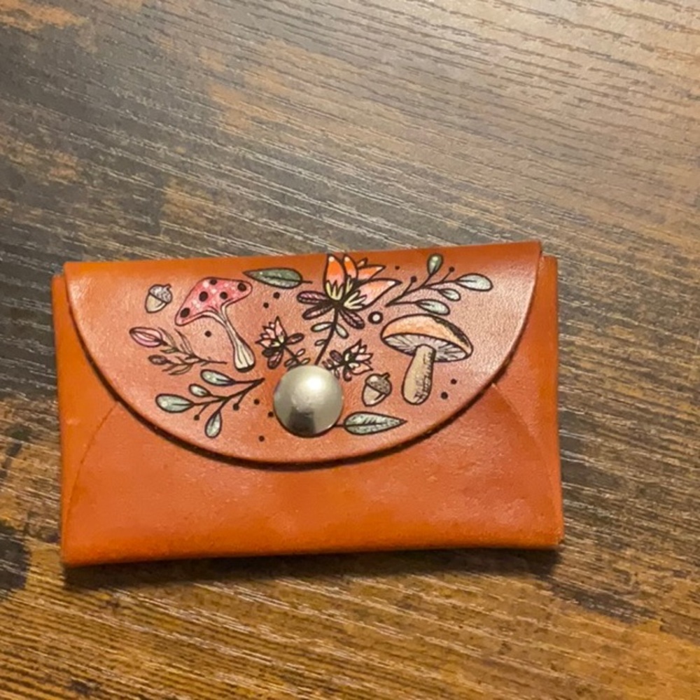 Handcrafted Leather Wallet with Floral and Mushroom Design